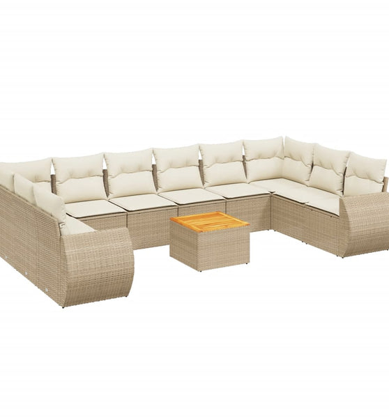11-tlg. Garten-Sofagarnitur mit Kissen Beige Poly Rattan