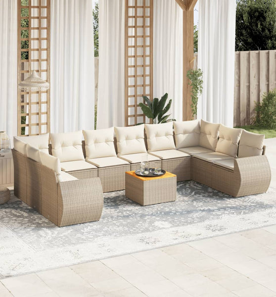 11-tlg. Garten-Sofagarnitur mit Kissen Beige Poly Rattan