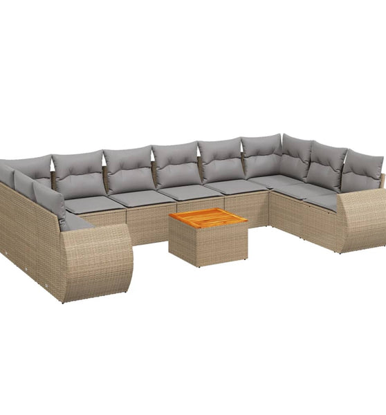 11-tlg. Garten-Sofagarnitur mit Kissen Beige Poly Rattan