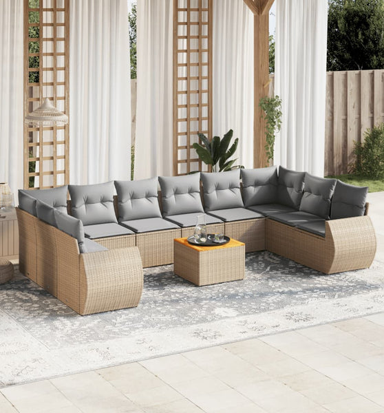 11-tlg. Garten-Sofagarnitur mit Kissen Beige Poly Rattan