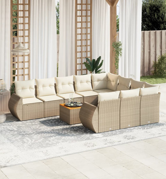 11-tlg. Garten-Sofagarnitur mit Kissen Beige Poly Rattan