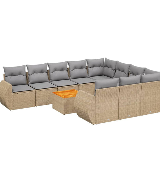 11-tlg. Garten-Sofagarnitur mit Kissen Beige Poly Rattan