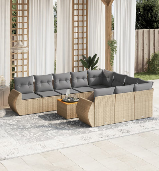 11-tlg. Garten-Sofagarnitur mit Kissen Beige Poly Rattan