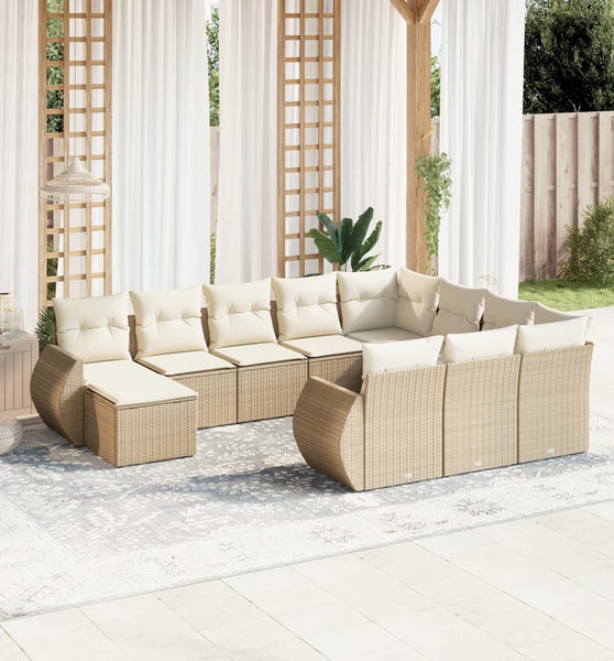 11-tlg. Garten-Sofagarnitur mit Kissen Beige Poly Rattan