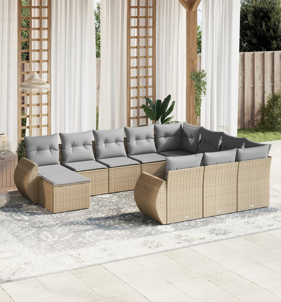 11-tlg. Garten-Sofagarnitur mit Kissen Beige Poly Rattan