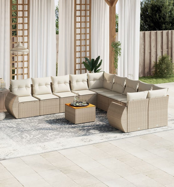 11-tlg. Garten-Sofagarnitur mit Kissen Beige Poly Rattan