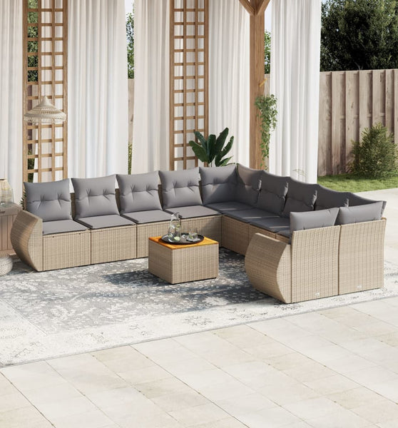 11-tlg. Garten-Sofagarnitur mit Kissen Beige Poly Rattan