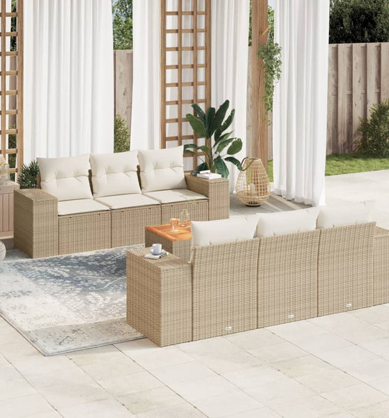 7-tlg. Garten-Sofagarnitur mit Kissen Beige Poly Rattan