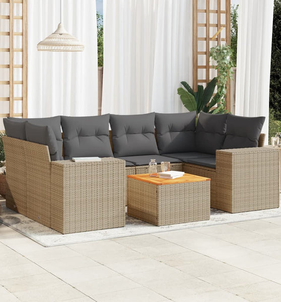 7-tlg. Garten-Sofagarnitur mit Kissen Beige Poly Rattan