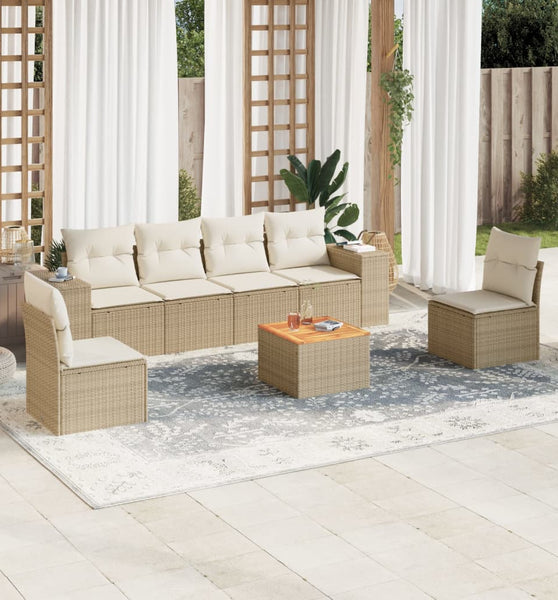7-tlg. Garten-Sofagarnitur mit Kissen Beige Poly Rattan