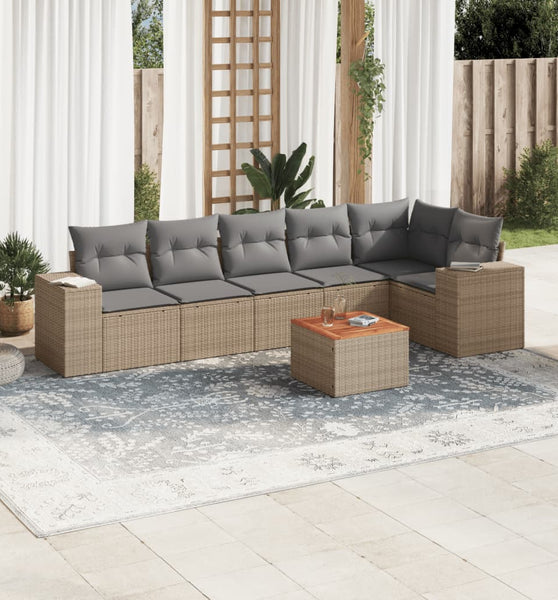 7-tlg. Garten-Sofagarnitur mit Kissen Beige Poly Rattan
