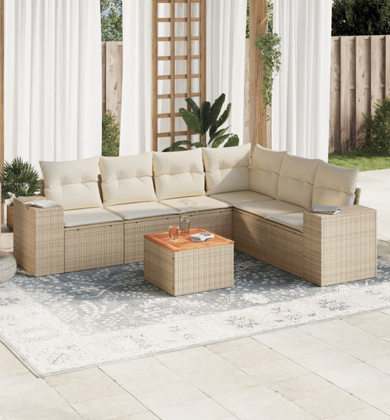 7-tlg. Garten-Sofagarnitur mit Kissen Beige Poly Rattan