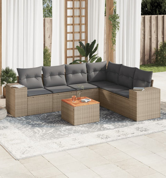 7-tlg. Garten-Sofagarnitur mit Kissen Beige Poly Rattan