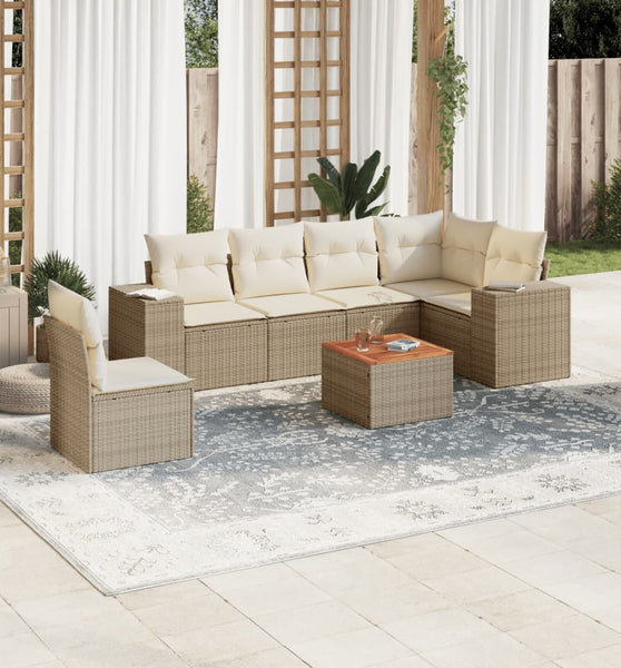 7-tlg. Garten-Sofagarnitur mit Kissen Beige Poly Rattan