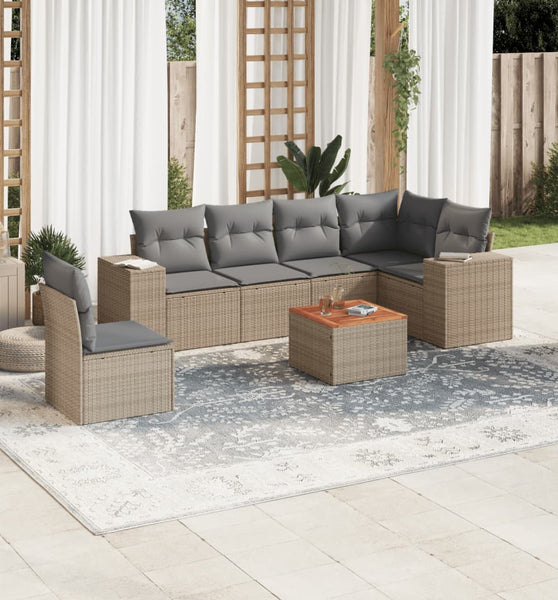 7-tlg. Garten-Sofagarnitur mit Kissen Beige Poly Rattan
