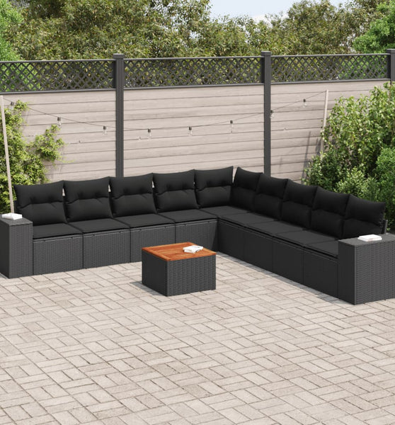 10-tlg. Garten-Sofagarnitur mit Kissen Schwarz Poly Rattan