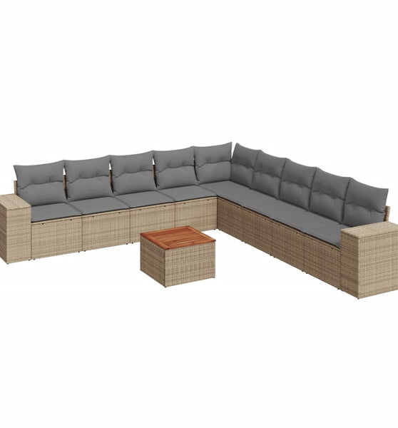 10-tlg. Garten-Sofagarnitur mit Kissen Beige Poly Rattan