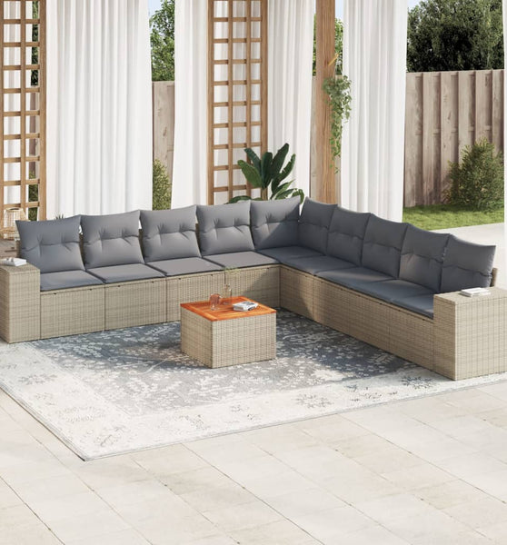 10-tlg. Garten-Sofagarnitur mit Kissen Beige Poly Rattan