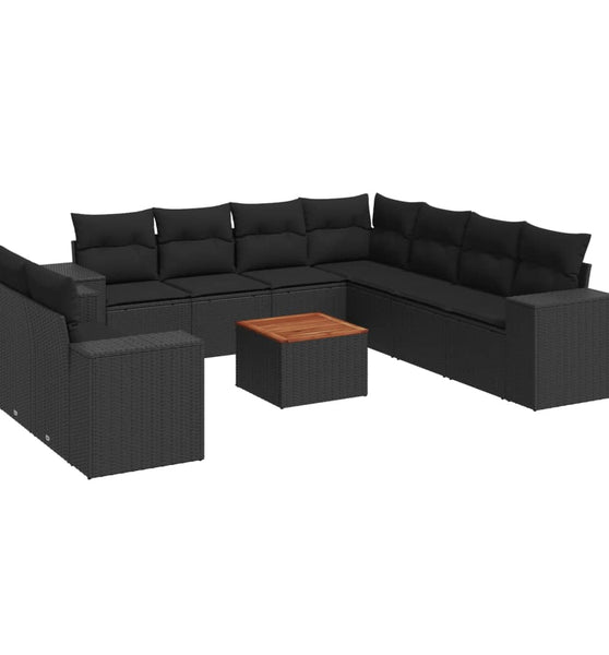 10-tlg. Garten-Sofagarnitur mit Kissen Schwarz Poly Rattan