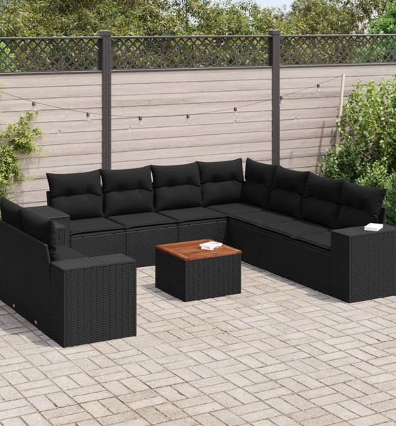 10-tlg. Garten-Sofagarnitur mit Kissen Schwarz Poly Rattan