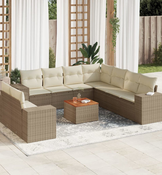 10-tlg. Garten-Sofagarnitur mit Kissen Beige Poly Rattan