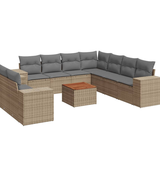 10-tlg. Garten-Sofagarnitur mit Kissen Beige Poly Rattan