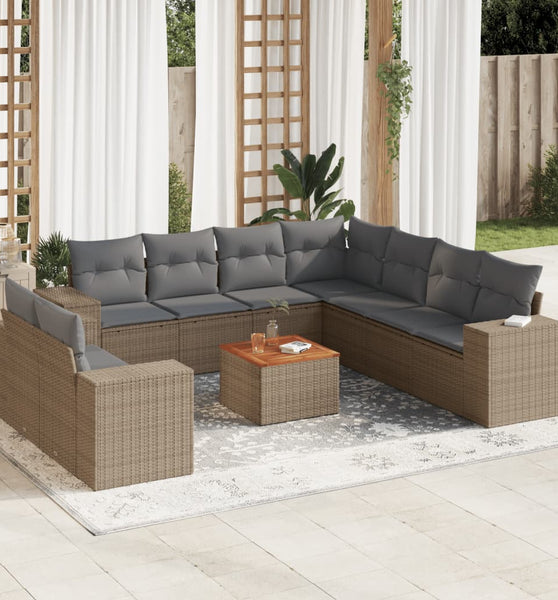 10-tlg. Garten-Sofagarnitur mit Kissen Beige Poly Rattan