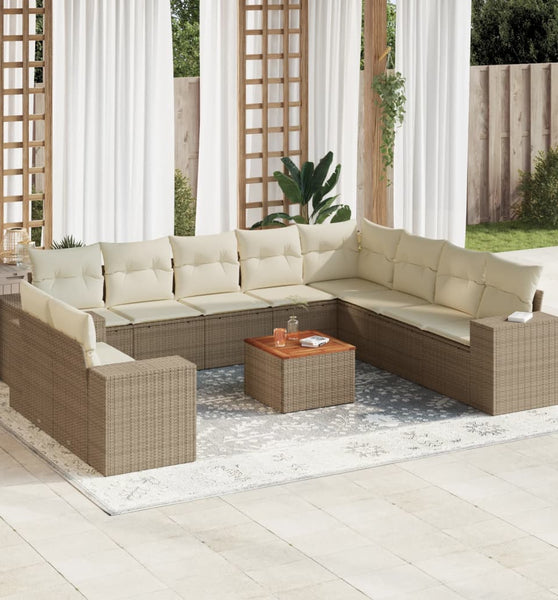 11-tlg. Garten-Sofagarnitur mit Kissen Beige Poly Rattan