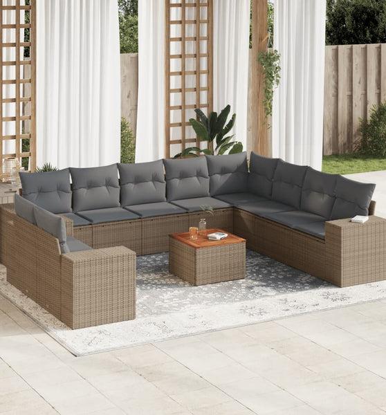 11-tlg. Garten-Sofagarnitur mit Kissen Beige Poly Rattan