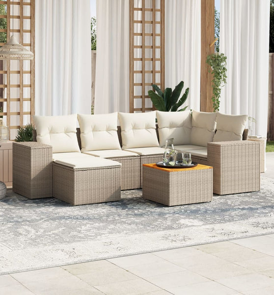 7-tlg. Garten-Sofagarnitur mit Kissen Beige Poly Rattan
