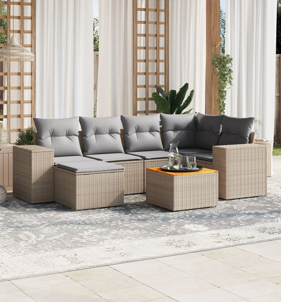 7-tlg. Garten-Sofagarnitur mit Kissen Beige Poly Rattan