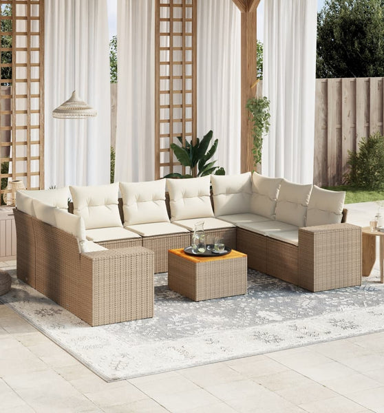 10-tlg. Garten-Sofagarnitur mit Kissen Beige Poly Rattan