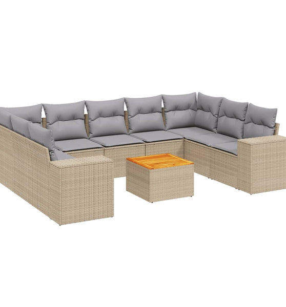 10-tlg. Garten-Sofagarnitur mit Kissen Beige Poly Rattan