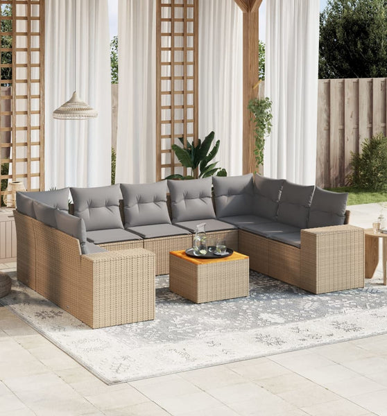 10-tlg. Garten-Sofagarnitur mit Kissen Beige Poly Rattan