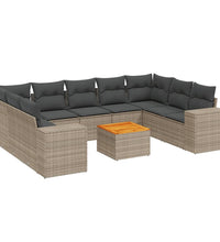 10-tlg. Garten-Sofagarnitur mit Kissen Grau Poly Rattan