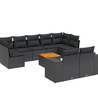 10-tlg. Garten-Sofagarnitur mit Kissen Schwarz Poly Rattan