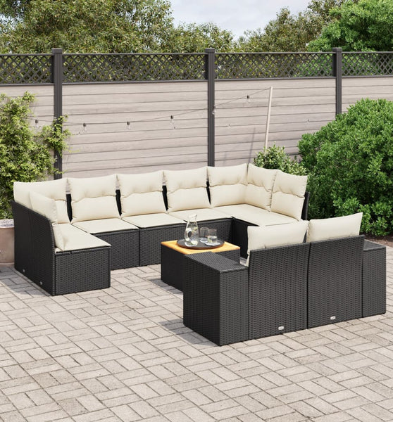 10-tlg. Garten-Sofagarnitur mit Kissen Schwarz Poly Rattan