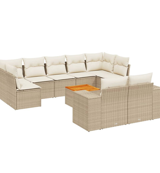 10-tlg. Garten-Sofagarnitur mit Kissen Beige Poly Rattan