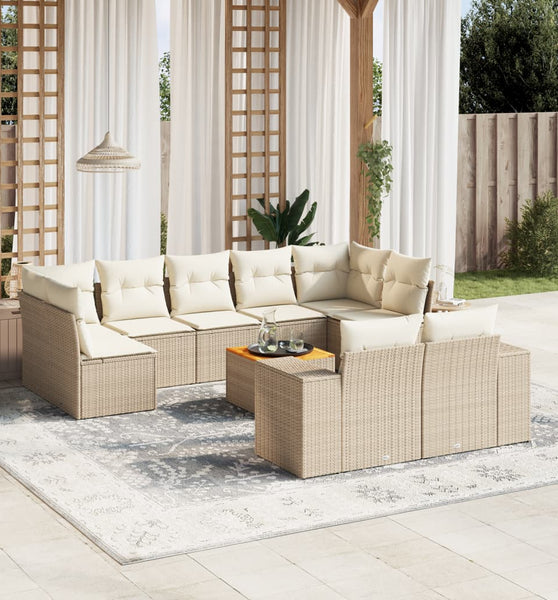 10-tlg. Garten-Sofagarnitur mit Kissen Beige Poly Rattan