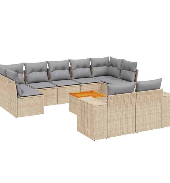 10-tlg. Garten-Sofagarnitur mit Kissen Beige Poly Rattan