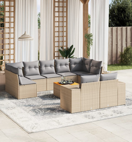 10-tlg. Garten-Sofagarnitur mit Kissen Beige Poly Rattan