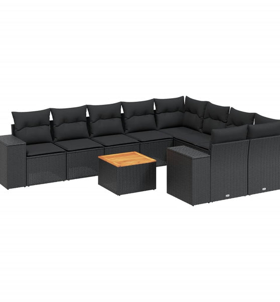 10-tlg. Garten-Sofagarnitur mit Kissen Schwarz Poly Rattan