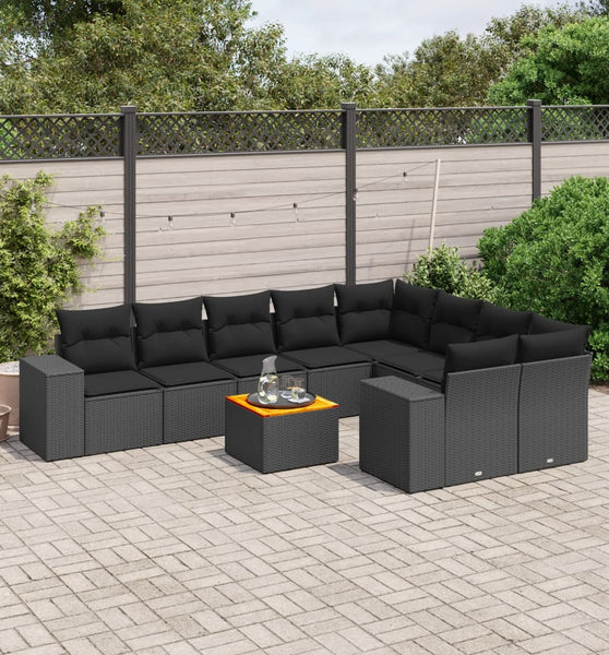 10-tlg. Garten-Sofagarnitur mit Kissen Schwarz Poly Rattan