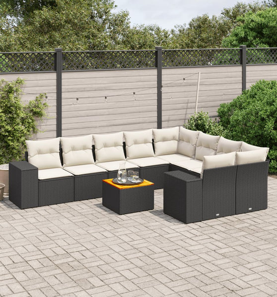 10-tlg. Garten-Sofagarnitur mit Kissen Schwarz Poly Rattan