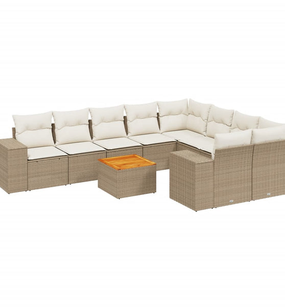 10-tlg. Garten-Sofagarnitur mit Kissen Beige Poly Rattan