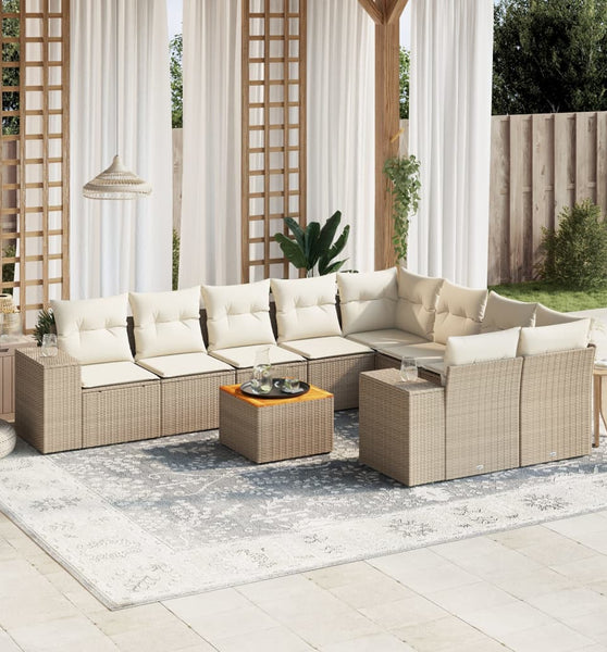 10-tlg. Garten-Sofagarnitur mit Kissen Beige Poly Rattan