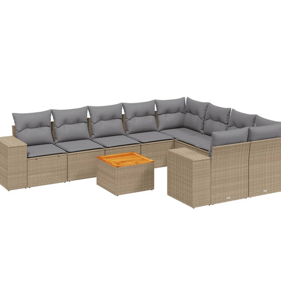 10-tlg. Garten-Sofagarnitur mit Kissen Beige Poly Rattan