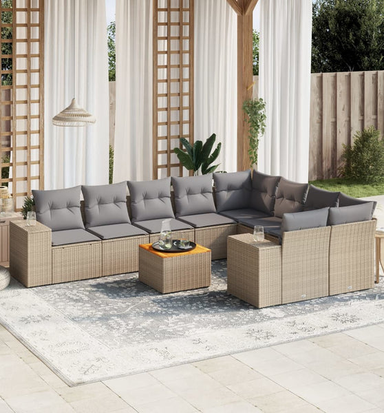 10-tlg. Garten-Sofagarnitur mit Kissen Beige Poly Rattan