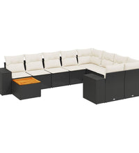 10-tlg. Garten-Sofagarnitur mit Kissen Schwarz Poly Rattan