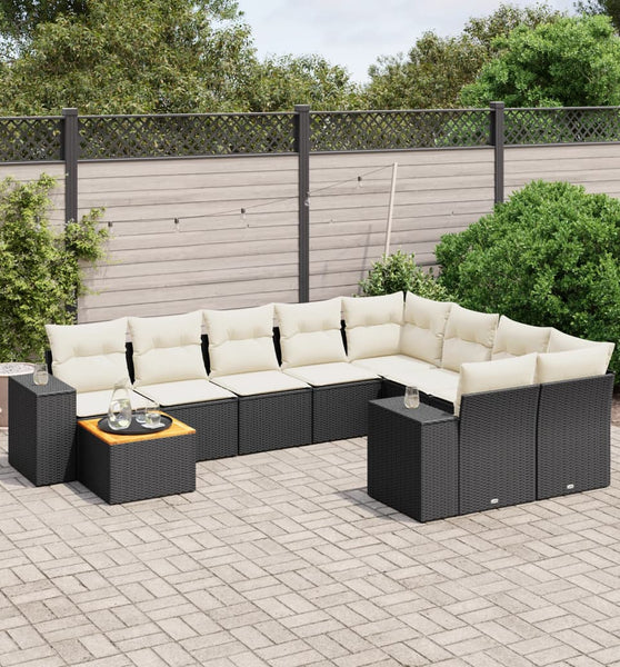 10-tlg. Garten-Sofagarnitur mit Kissen Schwarz Poly Rattan